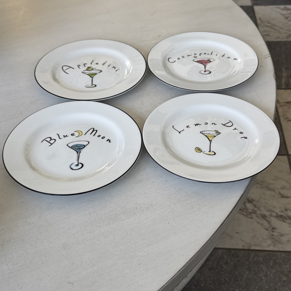 Pottery Barn 4 Martini Cocktail Plates Appletini Cosmo Lemon Drop Blue Moon